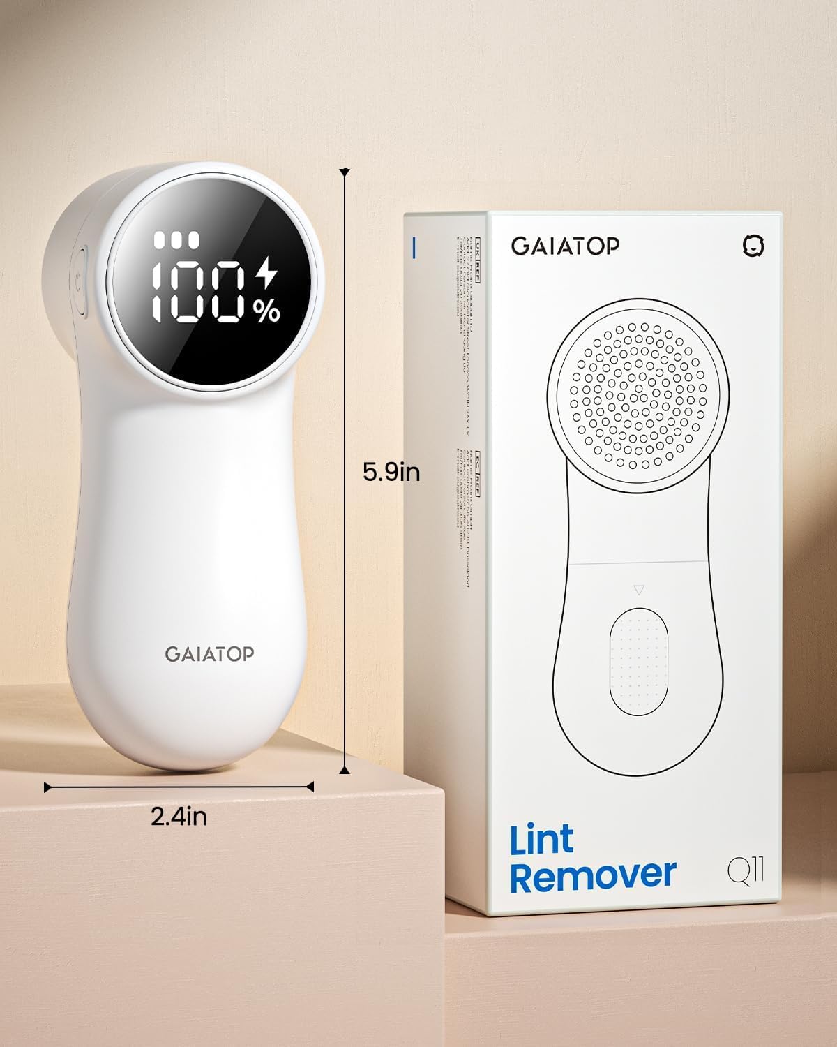 GAIATOP Fabric Shaver Rechargeable Lint Remover 3 Speeds Sweater Defuzzer, Cute Digital Screen Large Storage 6-Leaf Blades, Fuzz Pills Bobbles Trimmer for Clothes Furniture Bedclothes White 1 pcs
