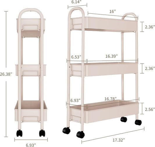 Slim Rolling Cart, Metal Frame Utility Rolling 3-Tier Narrow Storage Cart with Handle Kitchen Storage Organizer, Mobile Shelving Unit for Bathroom Kitchen