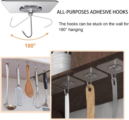 Adove Adhesive Hooks for Hanging, Heavy Duty Wall Hooks 20 Pack, Removable Sticky Ceiling Hooks, Transparent Self Adhesive Shower Hooks, Water & Oil Proof Strong 22lb(Max) Door Coat Hooks