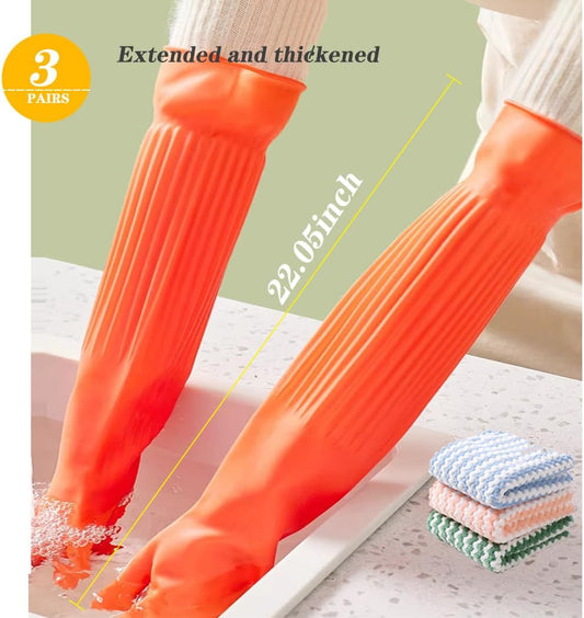 3 Pairs Household Extra Long Kitchen Gloves for Washing Dishes,20.05inches Rubber Cleaning Gloves,Reusable Latex Living Wash Gloves,Long Sleeves(Large, Red)