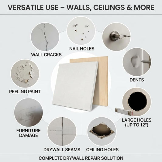 Drywall Repair Kit,34 Pcs 12x12inch Wall Patch Kit with Saw& Wood Boards,Drywall Patch Kit for Large Holes,Sheetrock Repair Kit for Cracks, Dents & Nail Holes-Quick & Easy Wall Surface Repair Solution