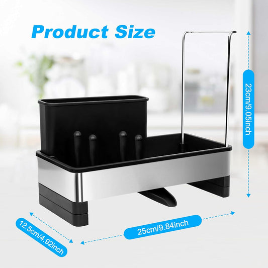 Kitchen Sink Caddy,Sponge Holder for Kitchen Sink with Dish Brush Holder, Auto Drain Tray, Sponge Drain Rack,Stainless Steel Sink Organizer Countertop,Sponge Soap(Grey)