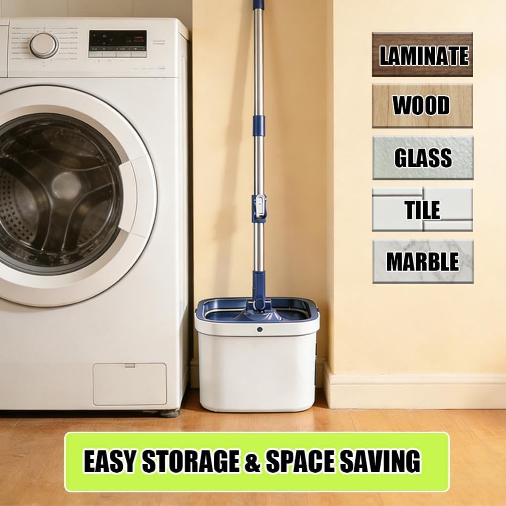 Microfiber Spin Mop Bucket Cleaning System with Wringer, 52''Long Handle & 4 Flat Mop Pads Replacement, Lazy Home Essentials for Wet Dust Hardwood Wood Wall Floor Household Cleaner Tools Set