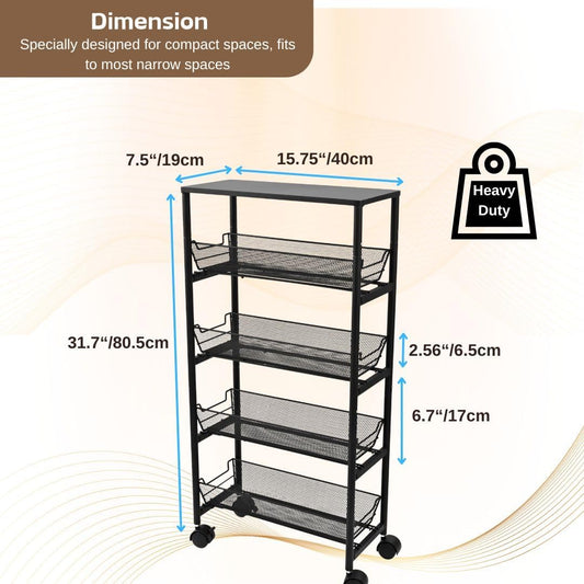 IBERG 5 Tier Slim Storage Cart with Wheels and Pull Out Baskets (Black)