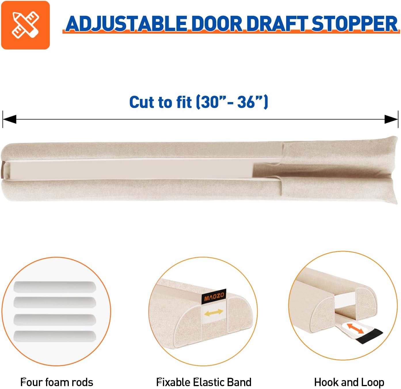 MAGZO Door Draft Stopper, 32 Inch Adjustable Under Door Gap Filler, Fits 26'' - 32'' Bottom Widths, Seals Gaps up to 1.7", Soundproof Sweep Blocks Air, Noise, Light, Dust- Grey