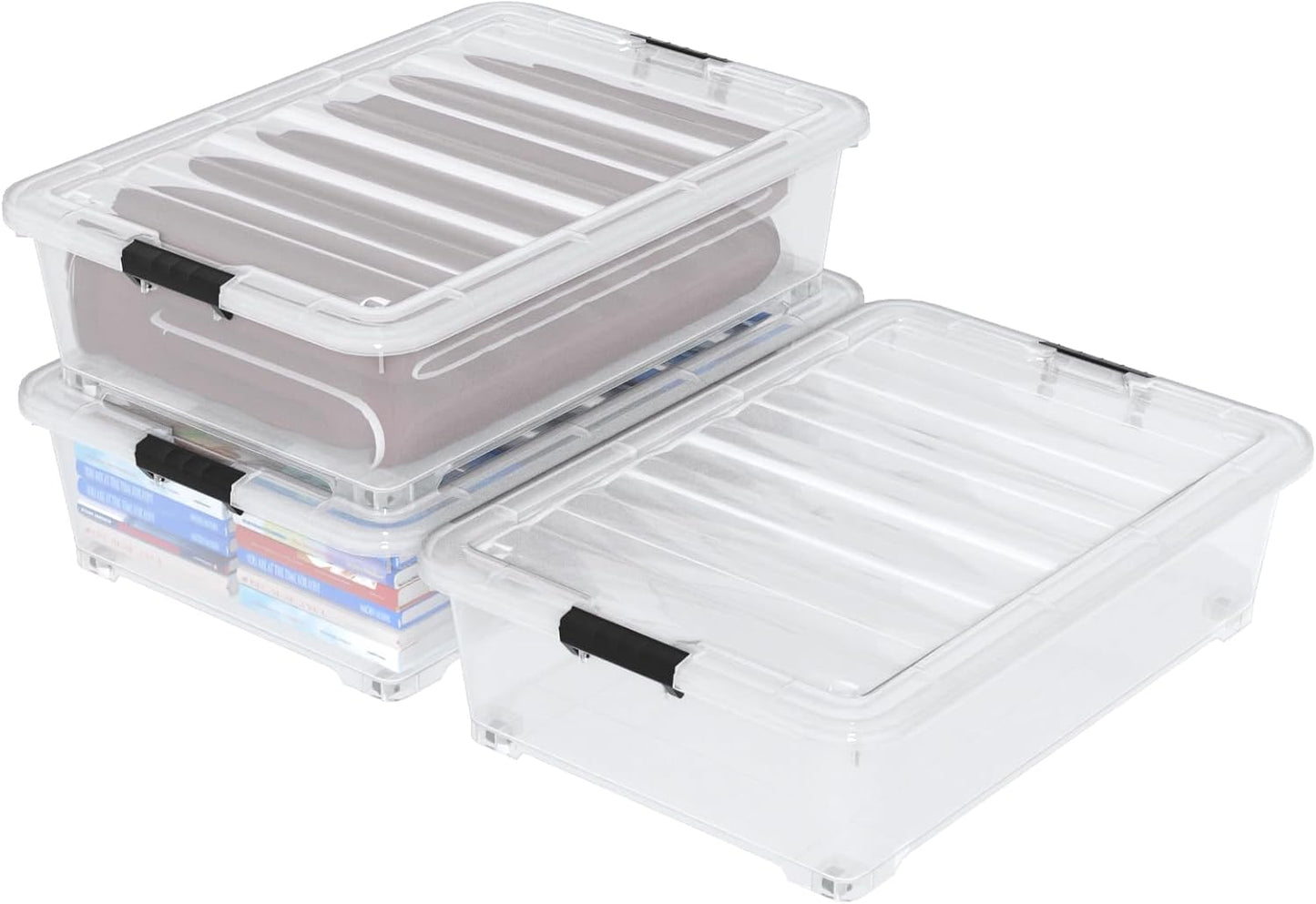 Hespama 3 Pack Plastic Rolling Storage Box Bin for Under the Bed, 20 Quart | Lidded Storage Container Bin, Clear