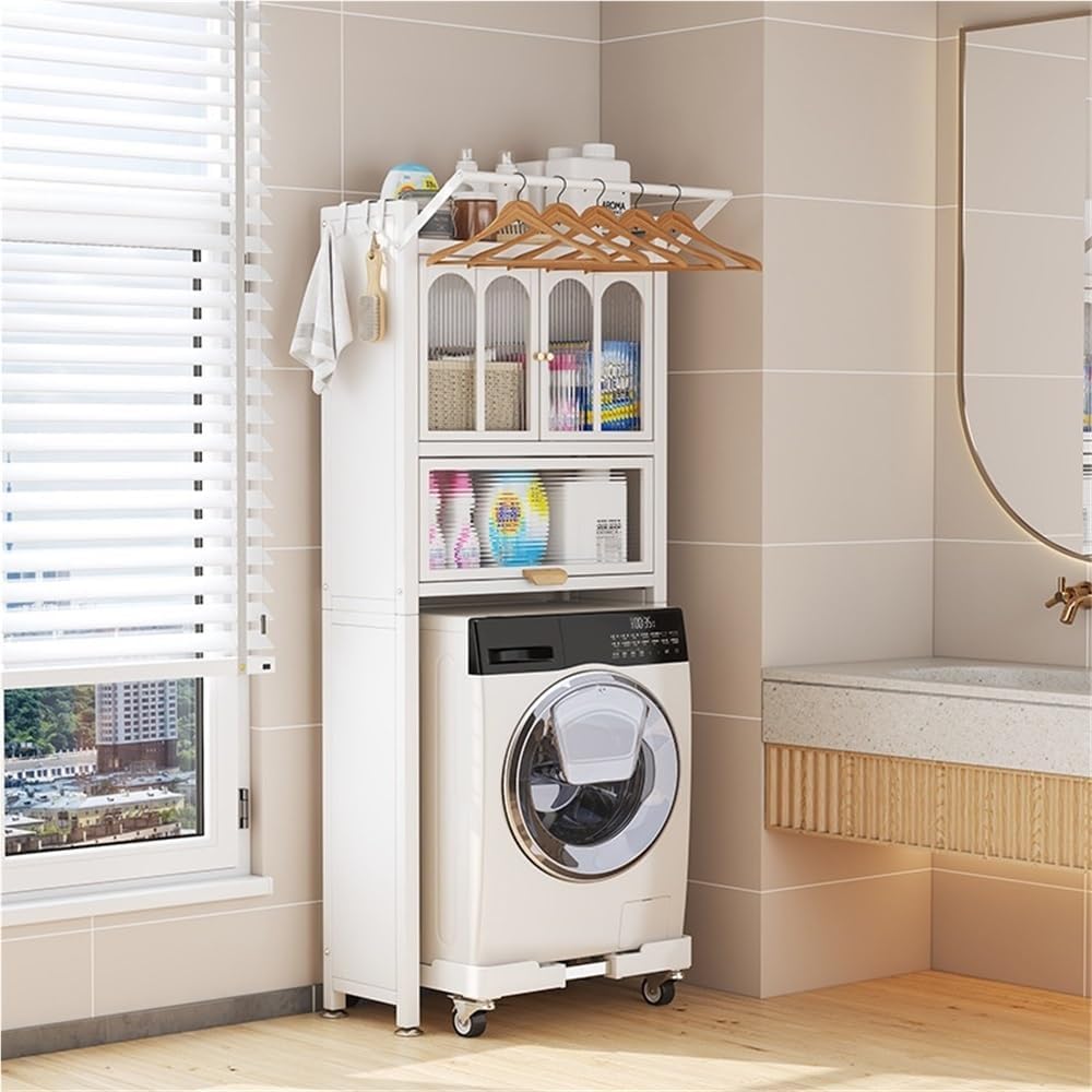 Above Washing Machine Shelf with with Flip-Top Door, Multi-Story Floor Laundry Room Storage Rack with Drying Rod and 4 Hooks for Laundry Room(White)