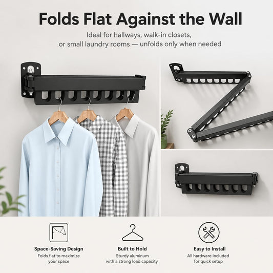 Wall Mount Laundry Drying Rack with 24 Hooks – Foldable 3-Bar Rustproof Steel Clothes Organizer, 360° Swivel Space-Saving Drying Station for Apartments, Laundry Rooms, Balconies & RVs
