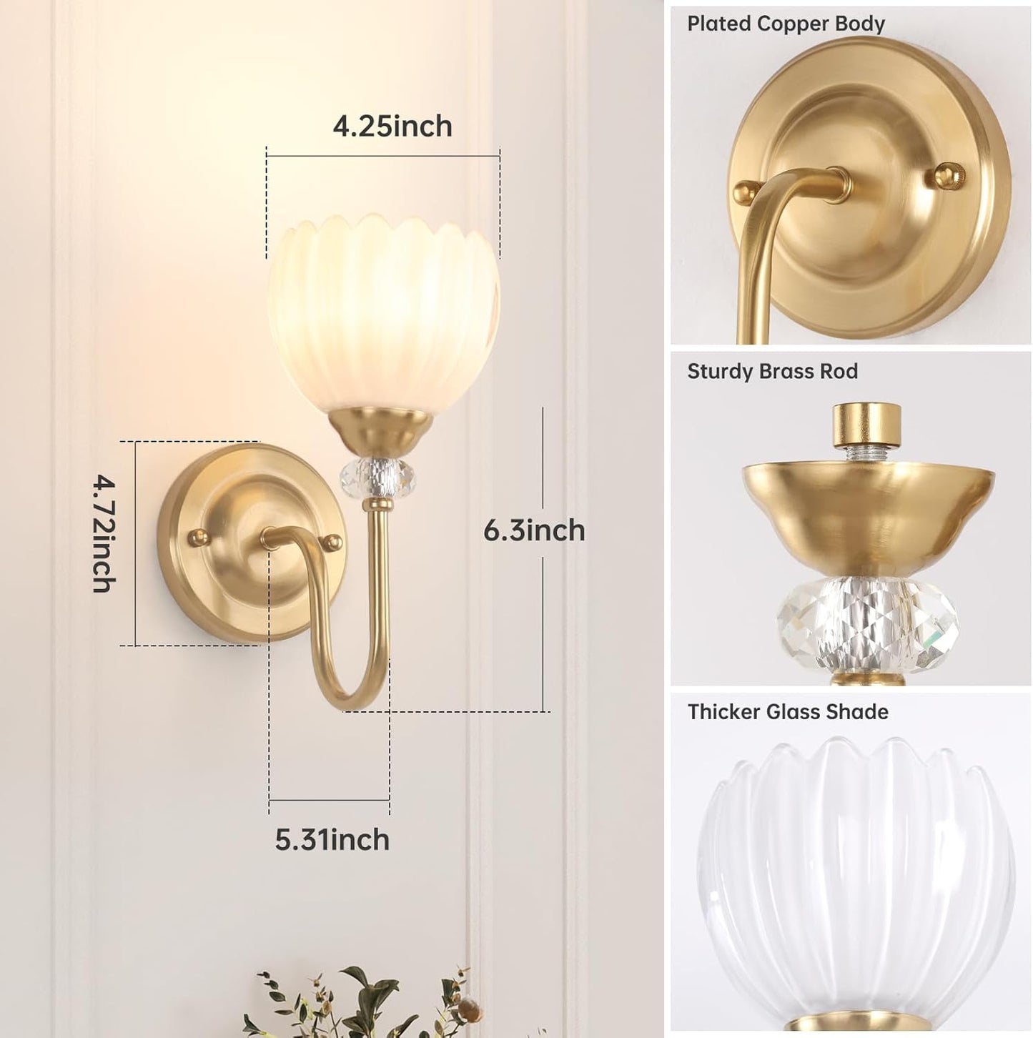 Set of 2 Vintage Battery Operated Wall Sconce, Rechargeable Wall Lamp with 5000mAh Battery & Remote Control, Dimmable Wall Lights with tulip shade for Bedroom Bathroom Living Room, (Tulip Amber Up)