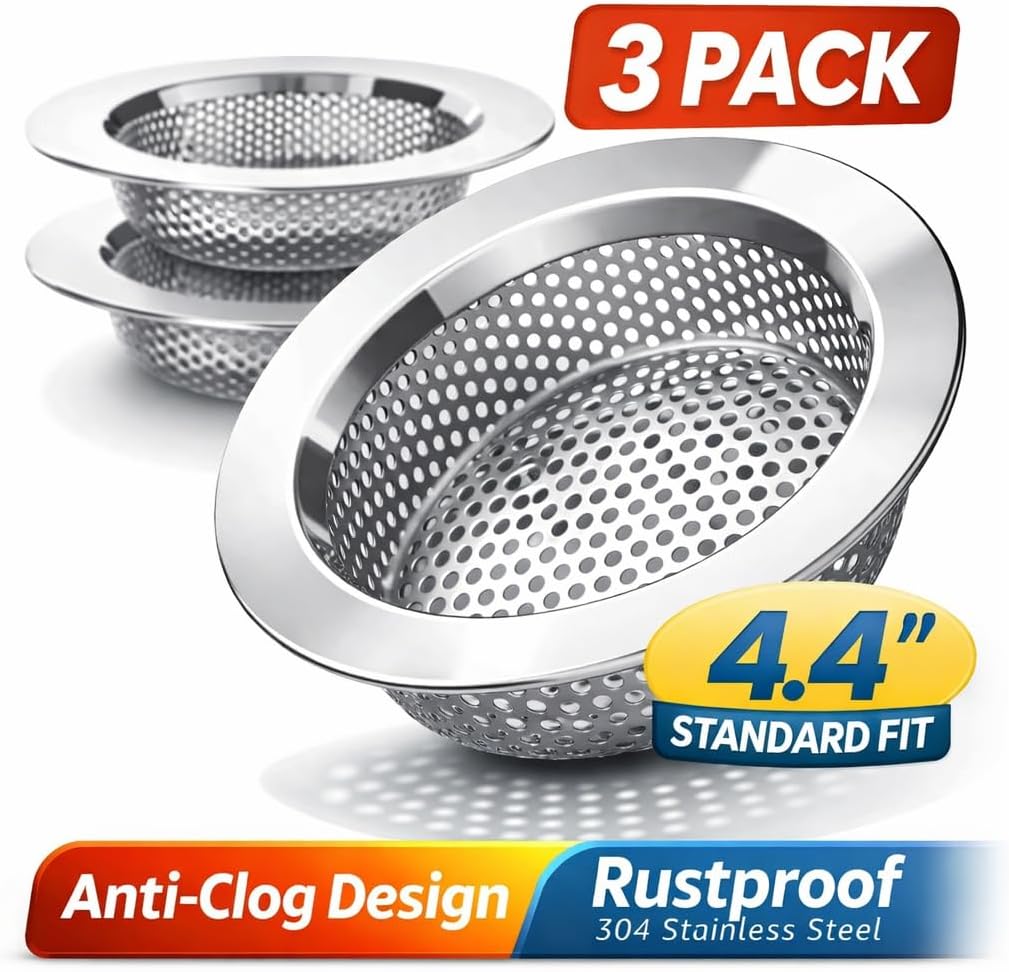 Sink Strainer Basket (3 Pack) – 304 Stainless Steel Kitchen Drain Strainer, Anti-Clog Sink Drain Catcher, Rustproof, Fits 4.4” Standard Sink