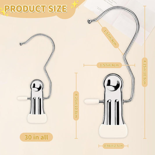 30 Pieces Boot Hanger Clips with Hook, Multifunctional Stainless Steel Clothes Pins, Space Saving Single Hanging Clips for Closet Pants Hats Socks Gloves Towels, White