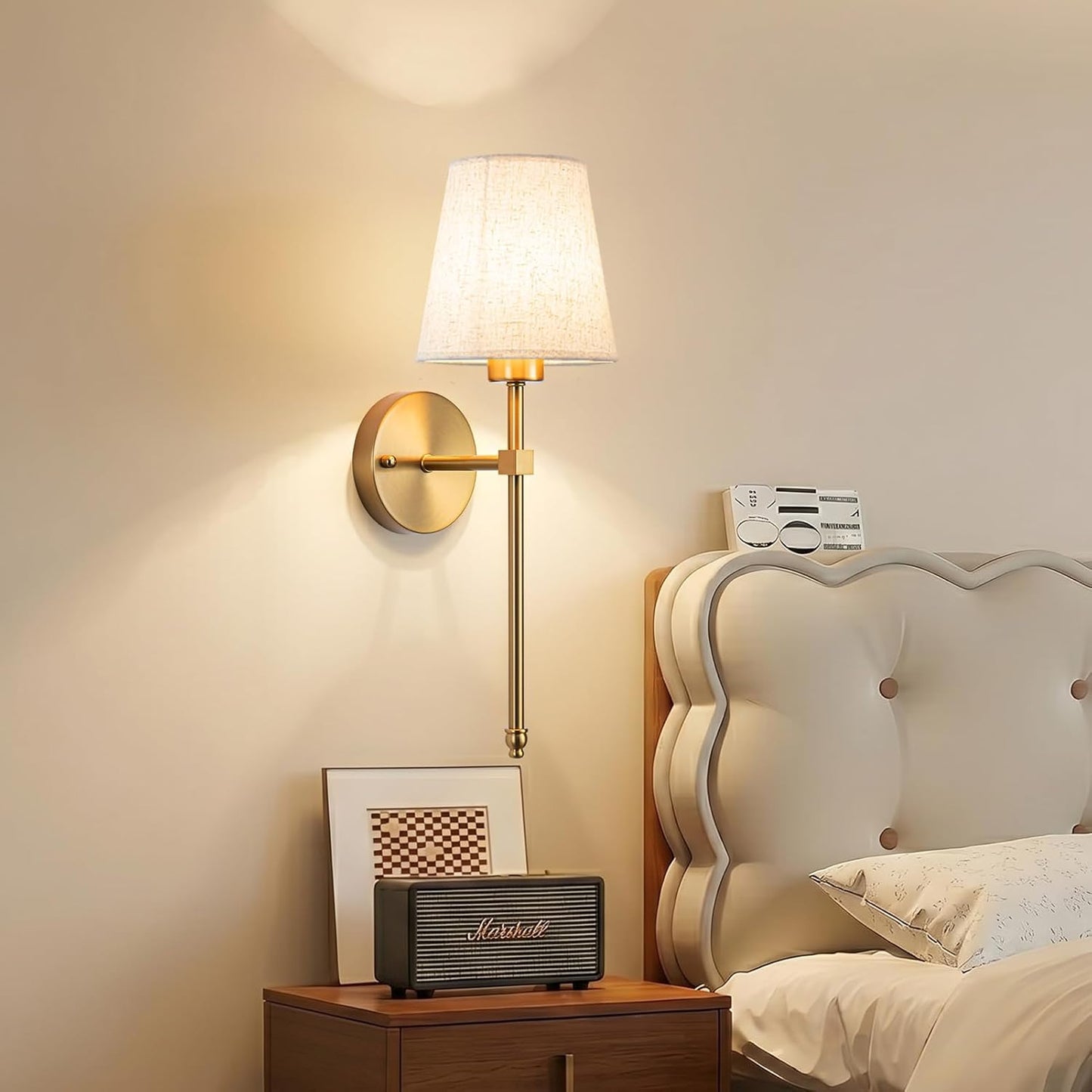Battery Operated Wall Sconce Set Of Two with Remote Control, Indoor Not Hardwired Dimmable Battery Operated Wall Sconce Light Fixture with Fabric Linen Shade For Bedroom Living Room, Bulb Included ( C