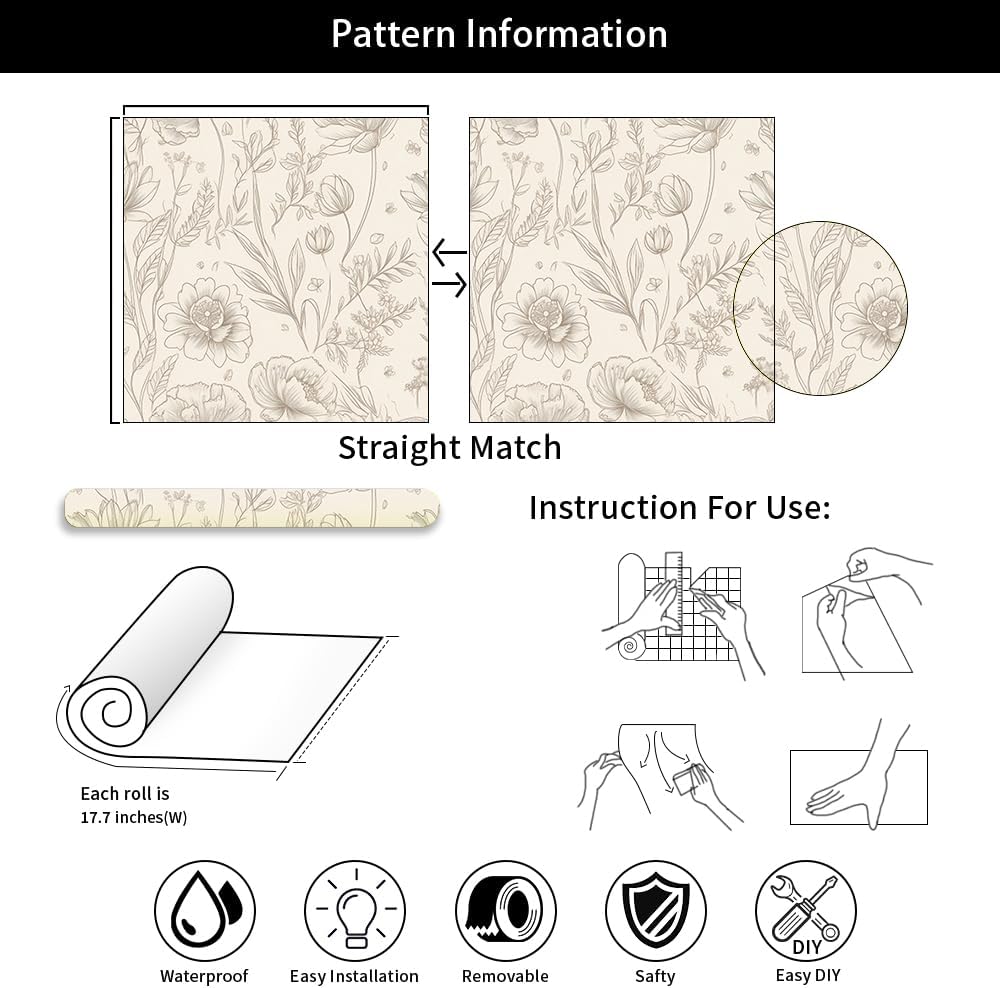 MuralPeel Modern Beige Black Wildflower Flowers Peel and Stick Wallpaper Self Adhesive Removable Easy Peel Off Stick on Wall Paper for Bedroom Cabinet Renter