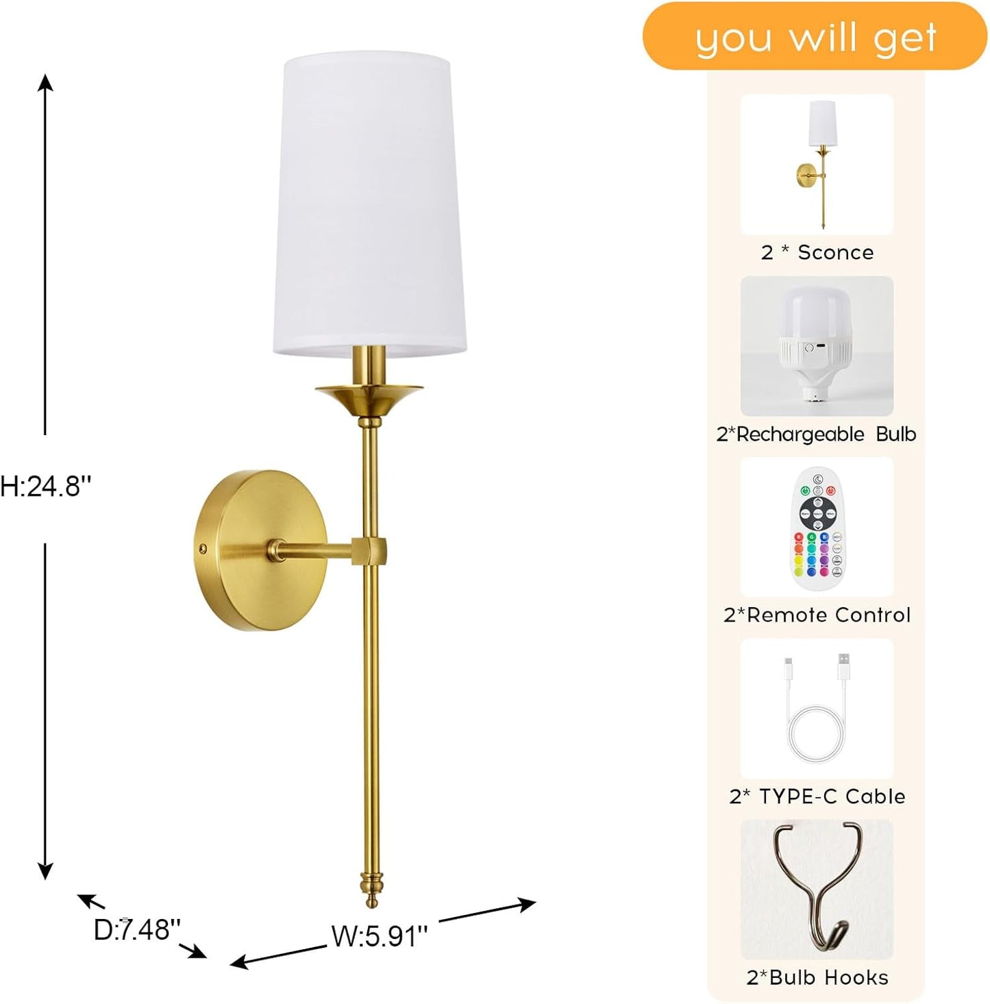 PASSICA DECOR Battery Operated Wall Sconce Set of 2 - Rechargeable Cordless Lights with Remote, Dimmable RGB Timer Wireless Sconces for Bedroom, Living Room, Hallway