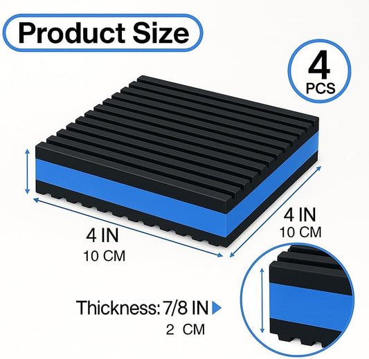 4P Anti Vibration Pads 4'' X 4'' X 7/8" Sound Isolation Ribbed Rubber Mats with EVA Center, Heavy Duty Vibration Isolation Pads for Air Compressos, Conditioner, Treadmill, HVAC Washer Dryer