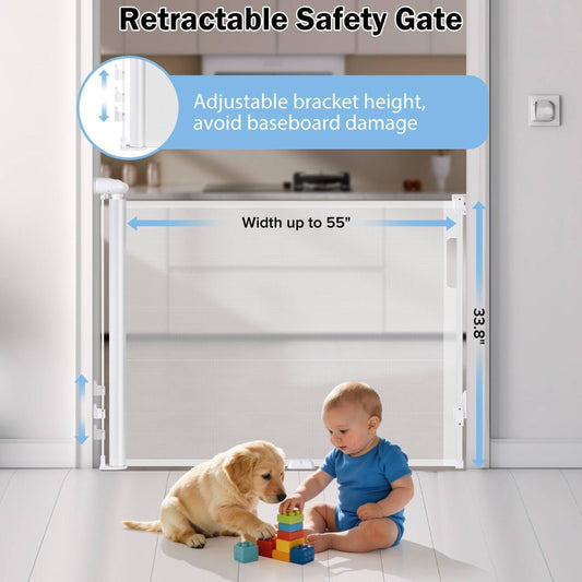 Retractable Baby Safety Gate, 33.8" Tall Extends to 55" Wide, Dual Lock, Adjustable Mounting, Extendable Pet Gate for Hallways, Stairs, Indoor & Outdoor(White)
