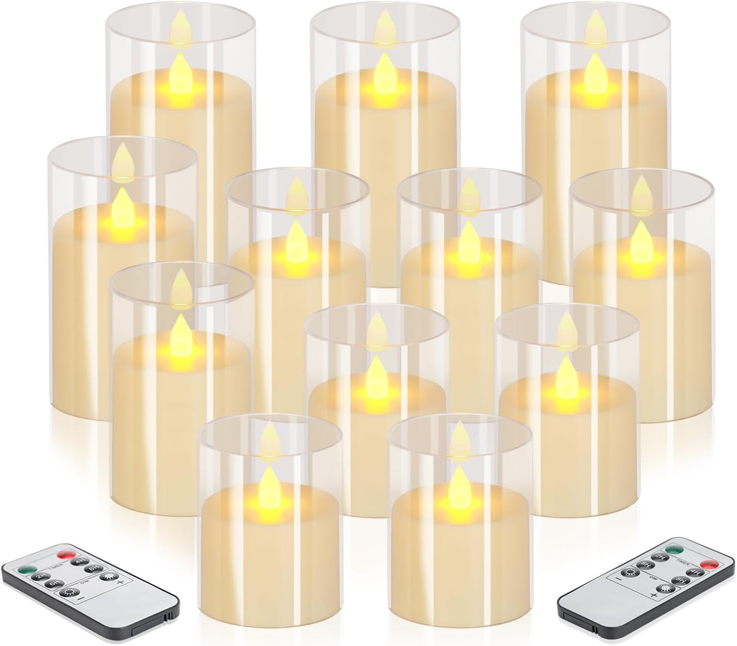 wemarry Flameless Candles 4" 5" 6" Acrylic Glass Pillars 3" Diameter Battery Operated Flickering Candles Include 8-Key Remote with Timer Function 400+ Hours (Amber, Warm Light 3 Pack)