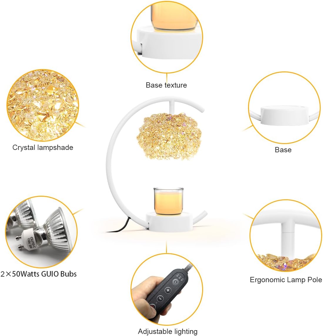 Yeuslor Gold Candle Warmer Lamp for Jar Candles with Adjustable Brightness&Timer,Handcrafted Crystal&Wooden Base, Luxurious Design,Home Decoration Electric Candle lamp(C-Shaped)