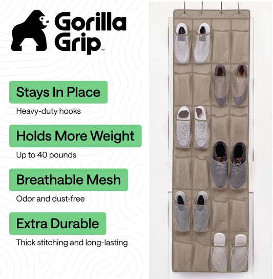 GORILLA GRIP Over The Door Organizer Storage, 5 Deep Hanging Shelves, Holds 50lbs, Closet Organizers Shelf for Bedroom, Shoes, Bathroom, Nursery, Dorm Essentials, 3 Metal Hooks, 58x15 Inches, Gray