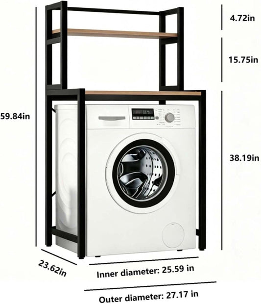 Laundry Room Space Saver Shelf, Over The Washer Dryer 2-Tier Storage Rack with Wood Top, Heavy-Duty Metal Frame Washing Machine Organizer Stand, Organization Unit for Bathroom, Balcony, Utility(Black)
