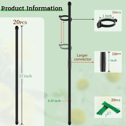 20Pcs Plant Support Stakes 17 inch SupKing Garden Orchid Sticks Extended to 3ft 4ft 5ft Plant Poles with Clips for Indoor Outdoor Potted Tomato Rose Amaryllis Vegetables Comes with 20 Ties(Green)