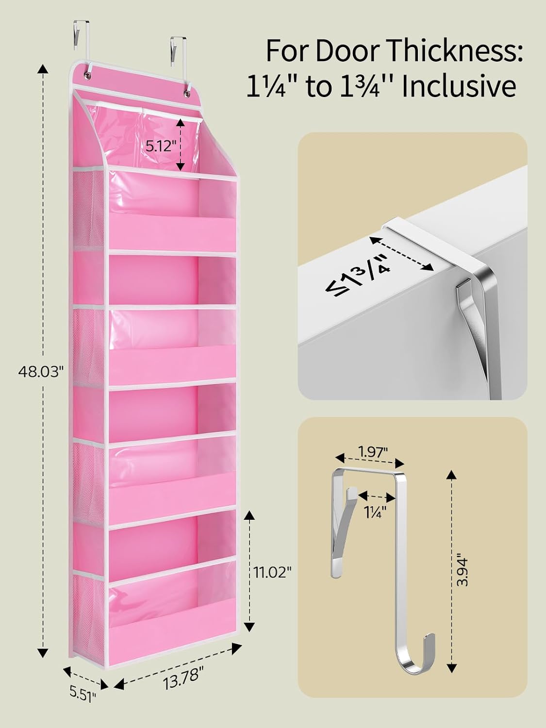 Yecaye 5 Tier Over the Door Organizer, Swing-proof Door Organizer Hanging with Clear PVC Windows, Behind the Door Storage for Bedroom Nursery Closet Laundry Pantry Bathroom, Grey