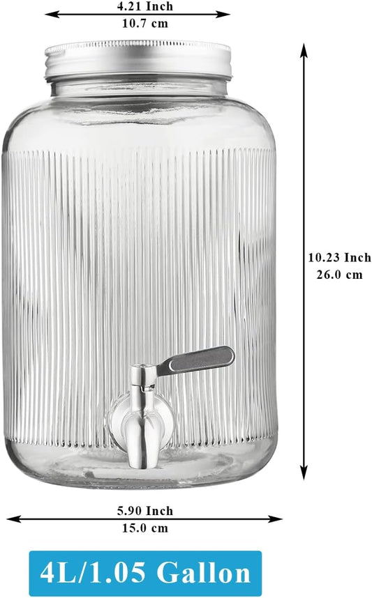 Berglander Glass Drink Dispenser for Fridge, 1 Gallon Beverage Dispenser with Leakproof Stainless Steel Spigot, Water, Laundry Detergent, Juice Dispenser for BBQ, Picnic, Parties and Events (Clear)
