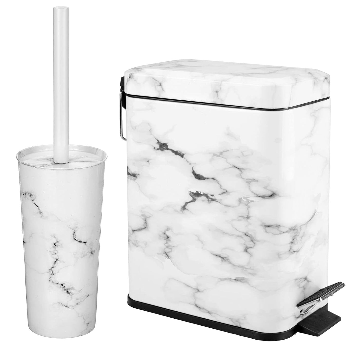 mDesign Metal Freestanding Slim Toilet Bowl Brush and Holder + Rectangle Narrow 5 Liter / 1.3 Gallon Step Pedal Trash Can Wastebasket for Bathroom - Small, Compact Design - Set of 2 - Brushed/Chrome