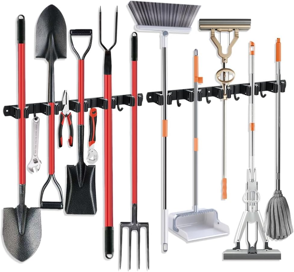 JAMEND CLXP Broom Hanger and Mop Holder, Heavy Duty Garden Tool Organizer Rack Rake and Shovel Handle, Stainless Steel Wall Mounted Utility Rack with Screws (3 Racks with 4 Hooks, Matte Black).