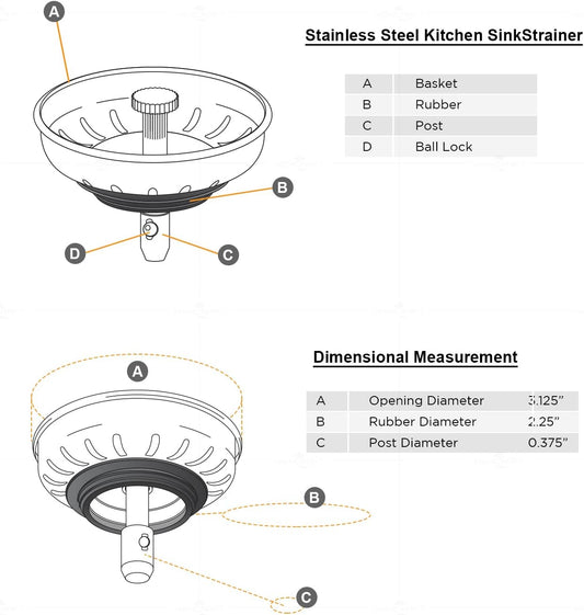 Highcraft 9754JO Stainless Steel Kitchen Sink Strainer Basket-Replacement for Standard Drains (3-1/2 Inch) -Ball-Lock Rubber Stopper, 3-1/2