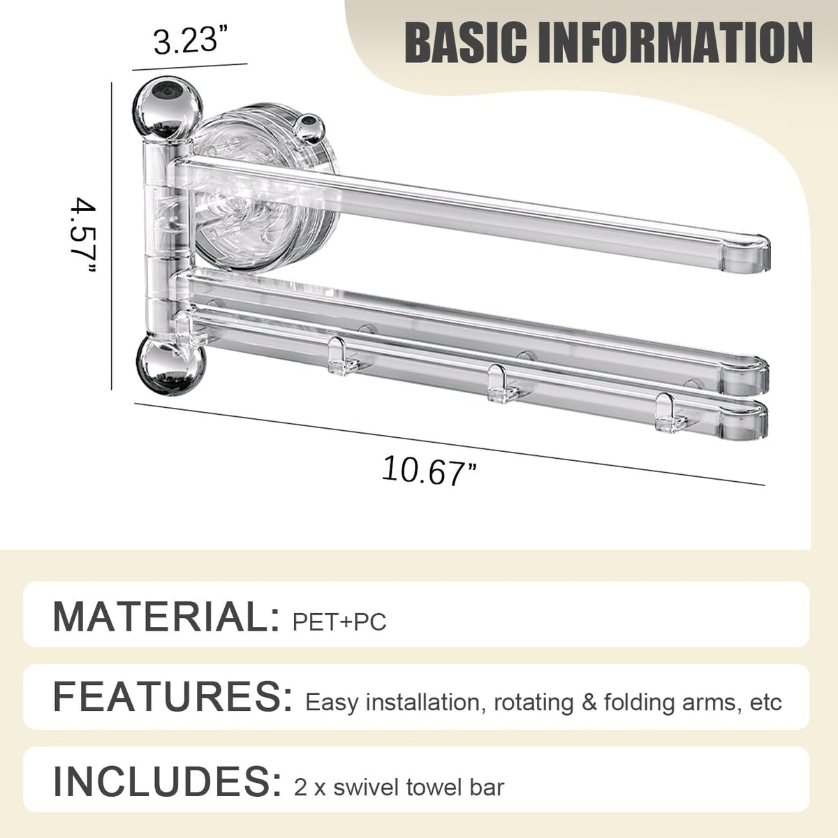 2PCS Swivel Suction Cup Towel Bar 3 Swing Arms 270°Rotation Wall Mounted Cloth Drip Dry Holder Multifunctional Storage Rack for Bathroom and Kitchen Accessories Beige