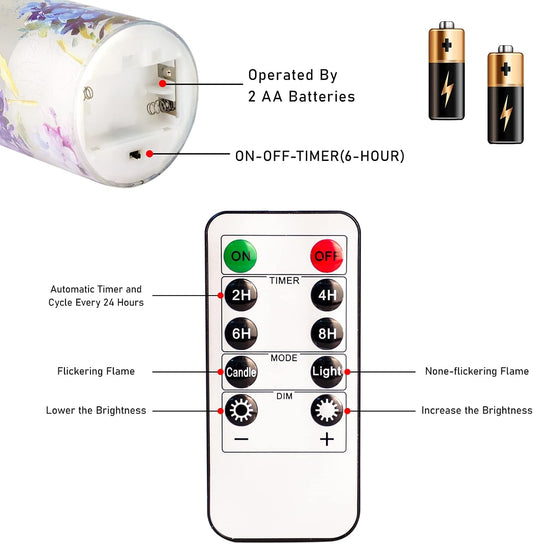 Glass Flameless Candles Flickering Battery Operated LED Pillar Candles Set of 3 with Timer and and 10-Key Remote Green Branch Floral Spring Summer Theme for Wedding Festival Home Decoration