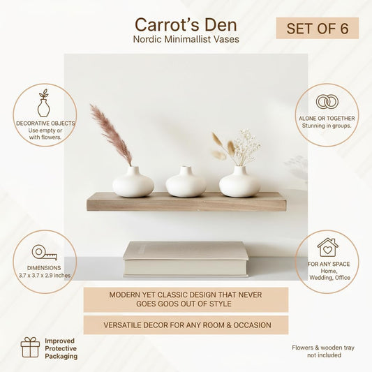 Carrot's Den - Set of 6 Nordic Minimalist White Ceramic Donut Bud Vases for Decor | Modern Boho Vases for Dry Flowers + House Plants | Wedding, Bookshelf, Home Decor, Coffee Table, Centerpiece (White)