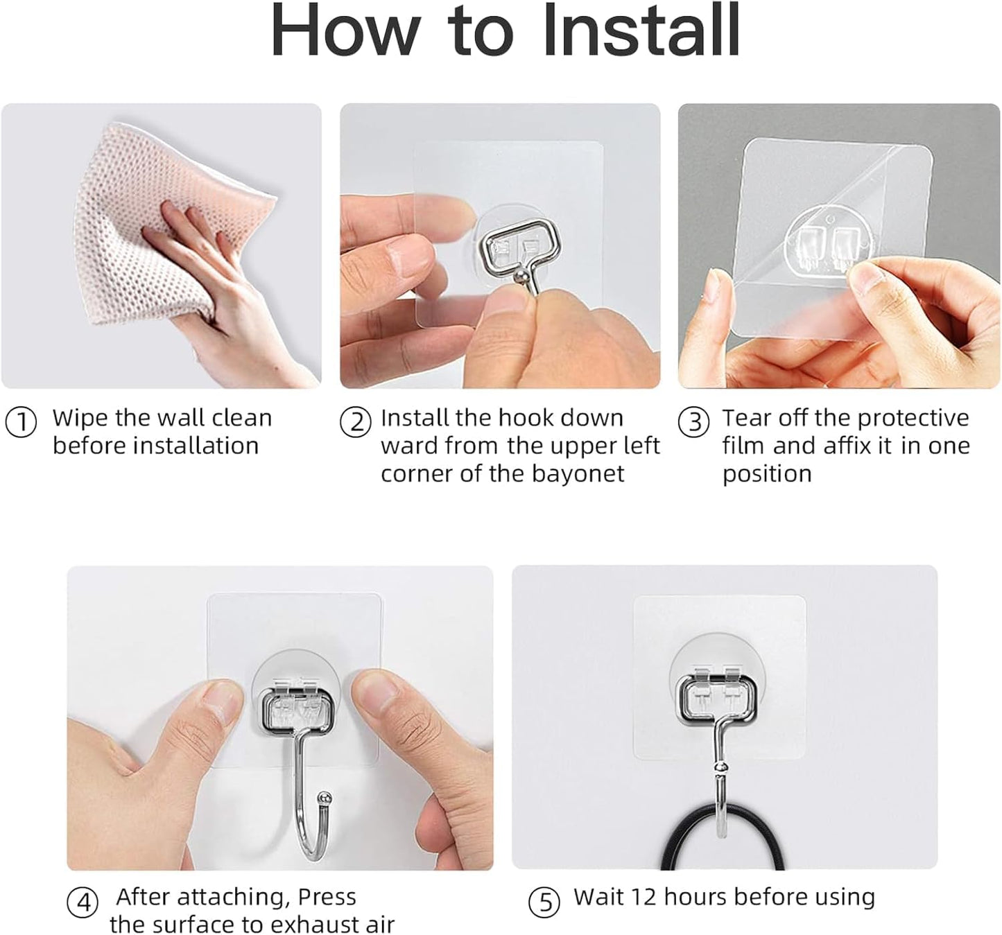 Adhesive Wall Hooks for Hanging - Heavy Duty Large Hooks for Walls No Damage, Towel Sticky Clear Hook, Waterproof, Home, Bathroom, Kitchen, Office, and Outdoor (12 Pack)
