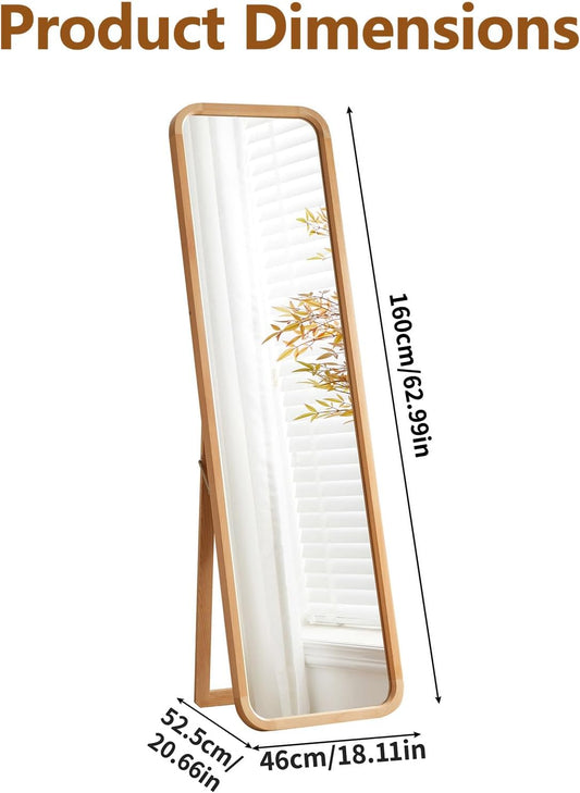 Anwick Full Length Floor Mirror Wood Frame Standing Mirror Walnut 63 in | Solid Wood Frame, Clear Float Glass, Adjustable Stand or Wall Mount, Rounded Walnut Finish for Bedroom or Dressing Room