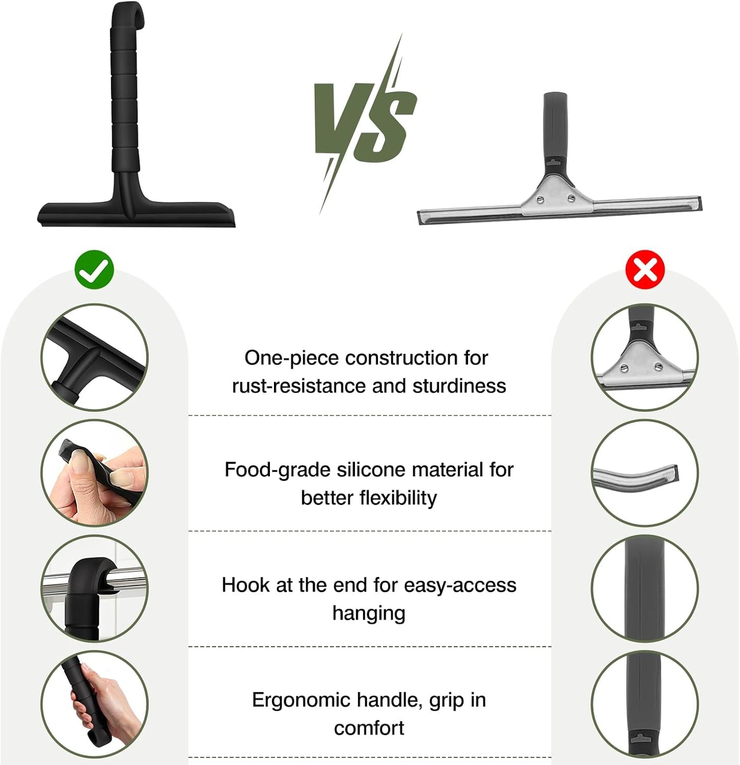 Roylvan Silicone Shower Squeegee, All-in-One Shower Squeegee for Glass Doors with Built-in Hook, Household Window Mirror Cleaner for Bathroom Glass Kitchen Tile Wall Car, Black