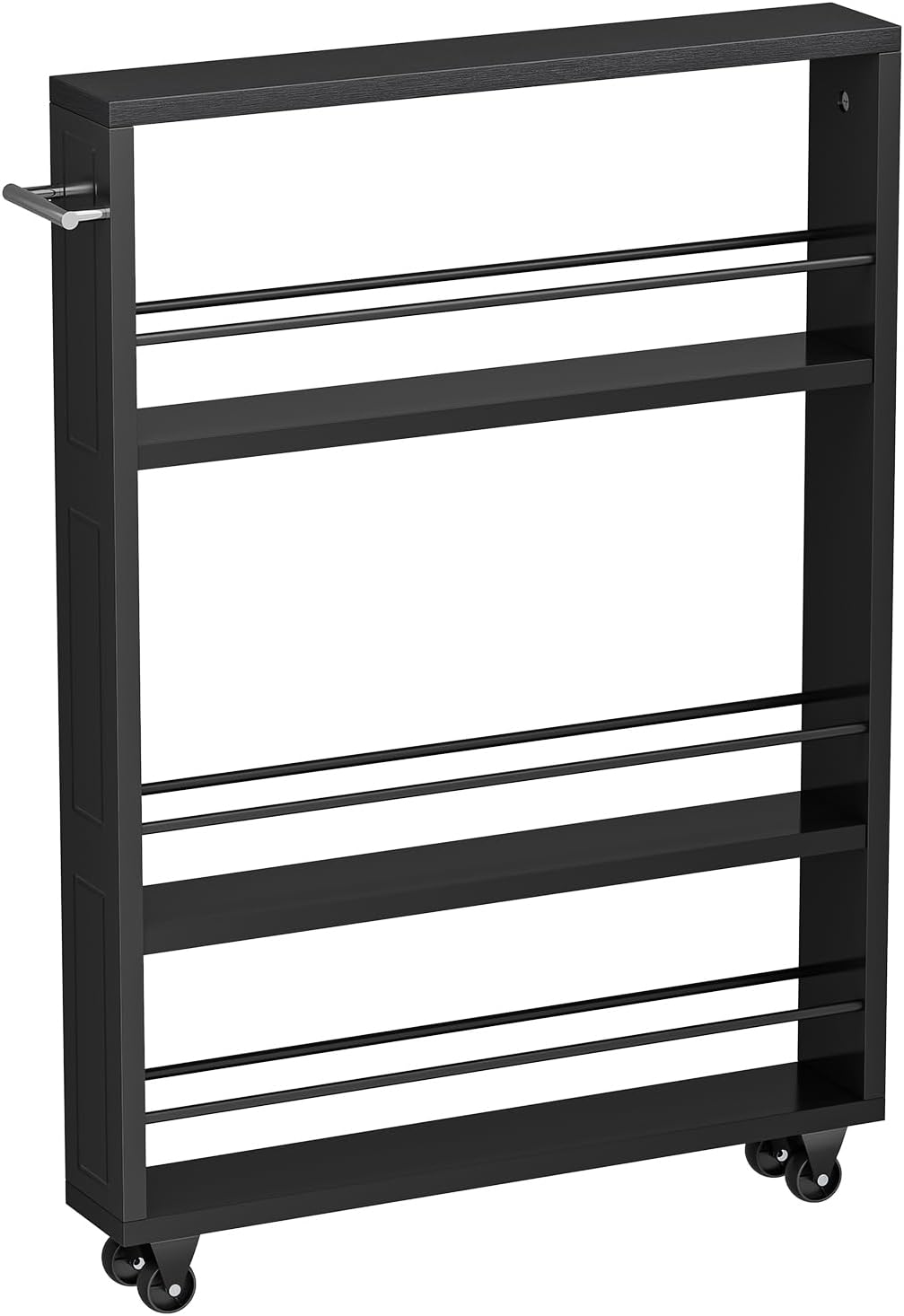 KLM Rolling Storage Cart 4-Tier Black Kitchen Cart with Wheels, Slim Storage Cart with Handle Slide Out Utility Cart Shelving Unit Organizer Trolley for Laundry Narrow Places Bathroom Small Corner