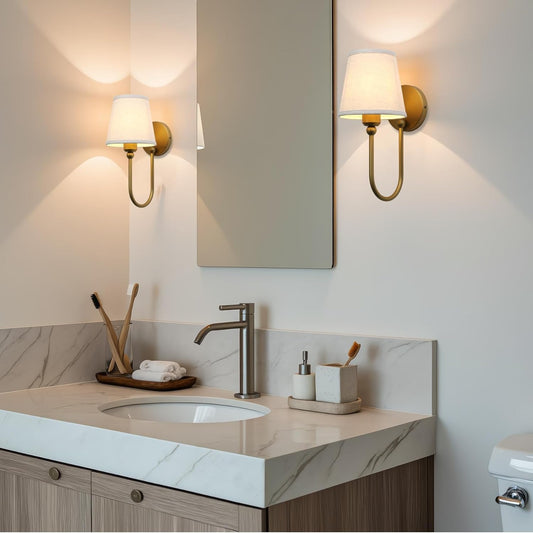 Pathson Antique Linen Fabric Wall Sconces Set of 2, Hardwired Curved Arm Bathroom Vanity Light, Indoor Wall Decor Lamp for Living Room, Kitchen, Bedroom, Foyer