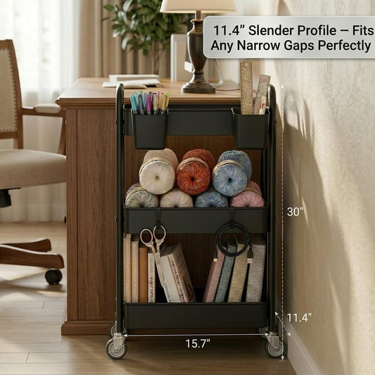 3-Tier Metal Rolling Cart, Slim Gap Space-Saver Organizer for Craft & Office