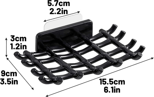 Shower Soap Holder for Wall, Adhesive Bar Soap Dish with Self Draining Grid, Side Hooks and No Drilling Mount, Black, 2 Pack
