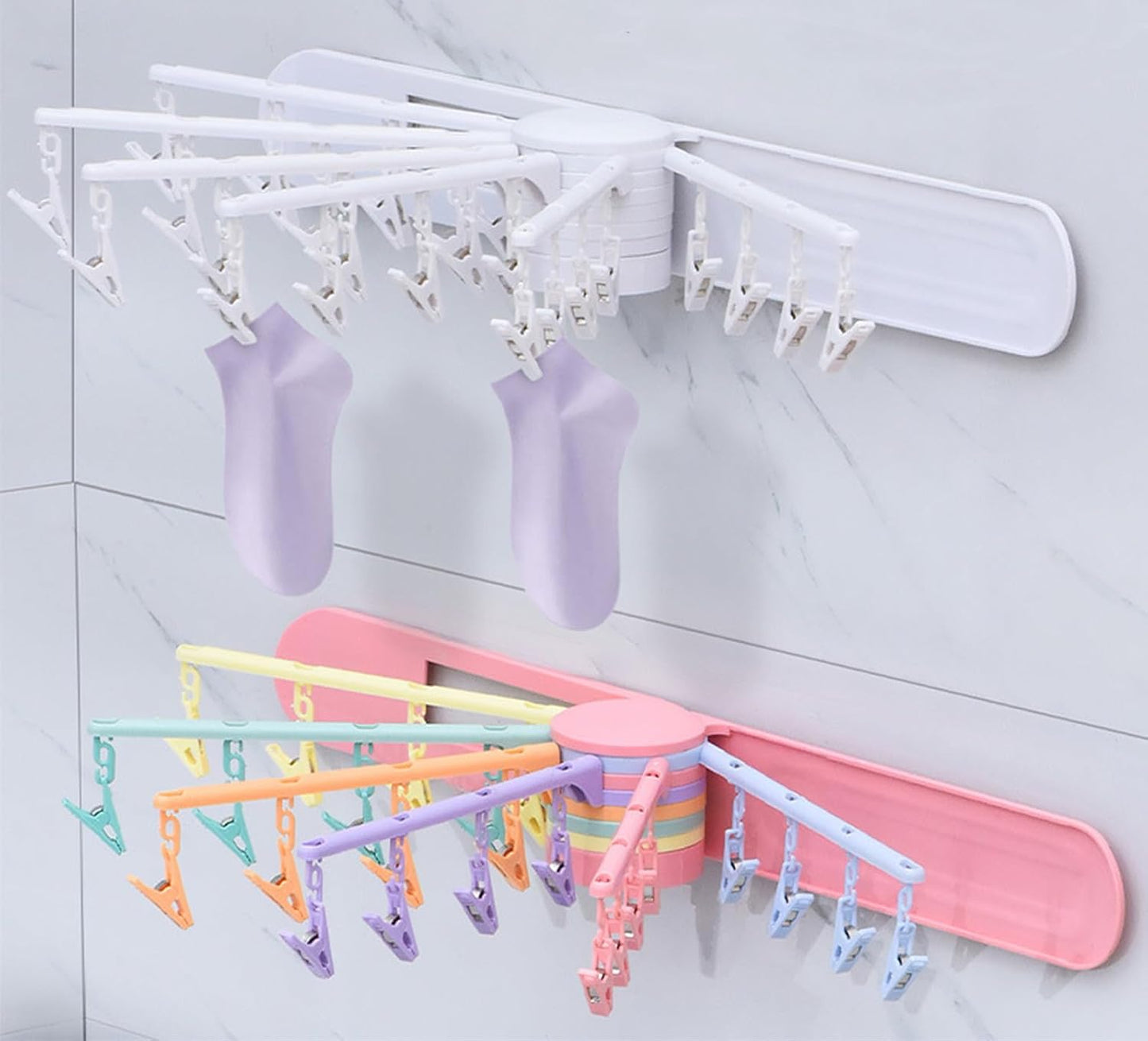 Wall Mounted Clothes Hanger Rack Socks Gloves Towels Drying Rack Space-Saver Laundry Drying Rack Collapsible with 24 Clips for Laundry Balcony Mudroom Bedroom (Multicolor Rotating)