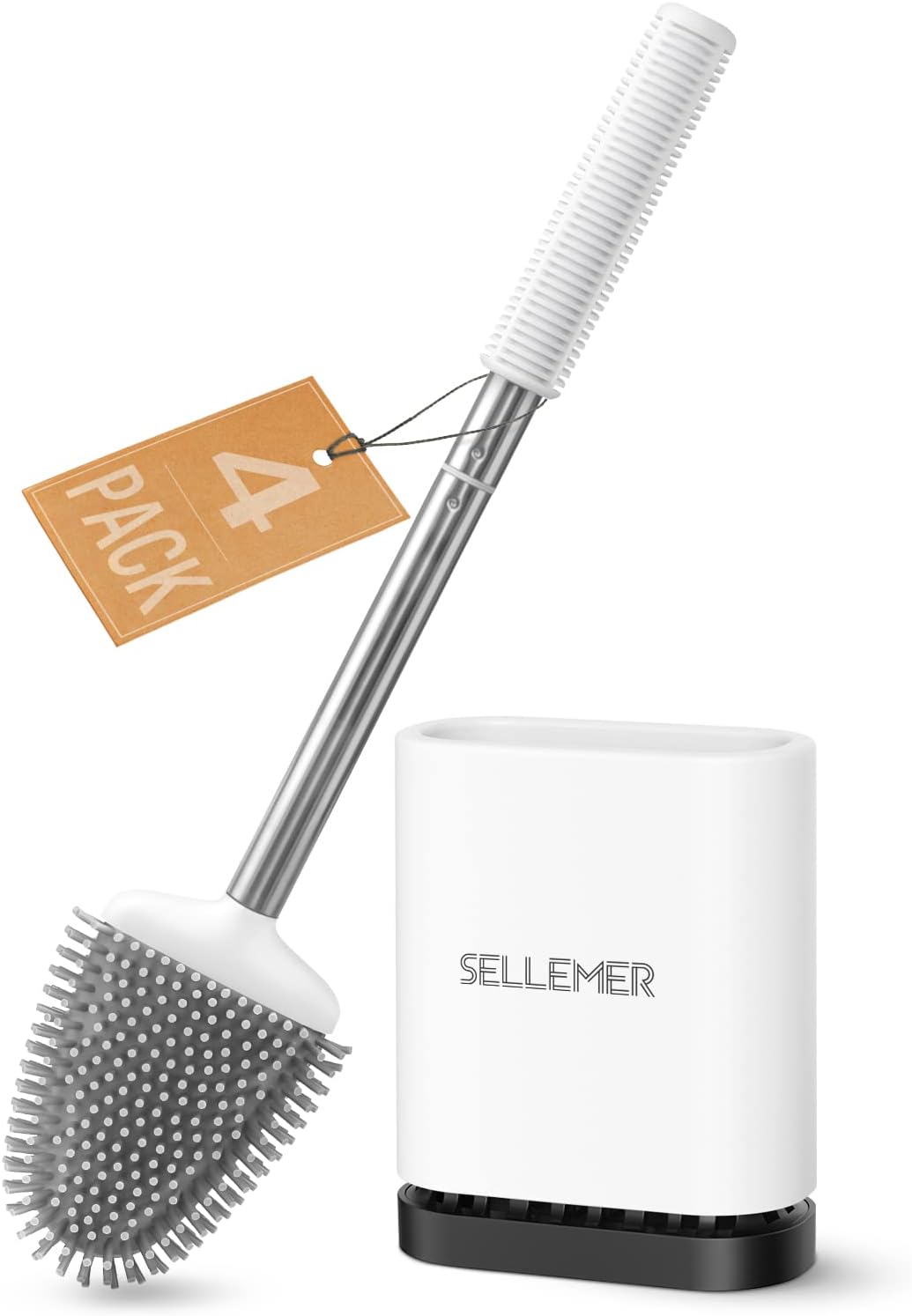 Sellemer Toilet Brush and Holder Set - Flexible Toilet Bowl Brush Head with Silicone Bristles, Compact Size for Storage and Organization, Ventilation Slots Base (1 Pack, Silver)