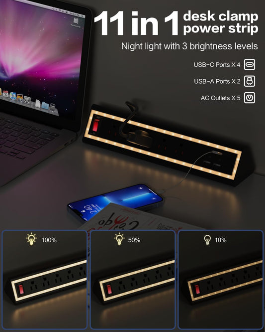 Desk Clamp Power Strip with Nightlight, 40W Fast Charging, 10FT Extension Cord, 4x20W USB-C & 2 USB Ports, 5 AC Outlets, Fits 1.69-Inch Table Edges