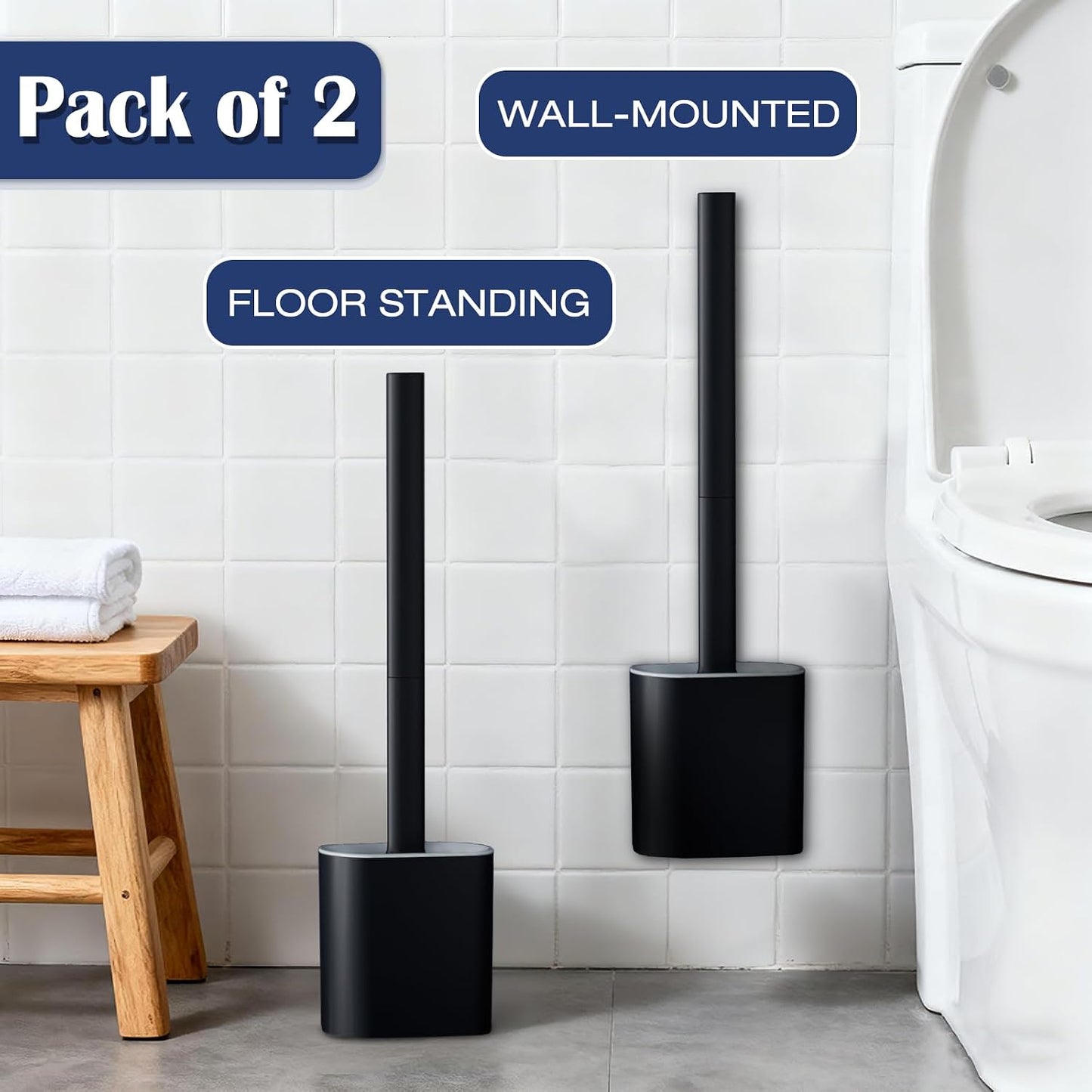 Toilet Brush and Holder Set, Wall Mounted Toilet Bowl Brush Head with Silicone Bristles, 2 Pack Black Compact Size for Storage and Organization Scrub Brush for RV Bathroom Accessories