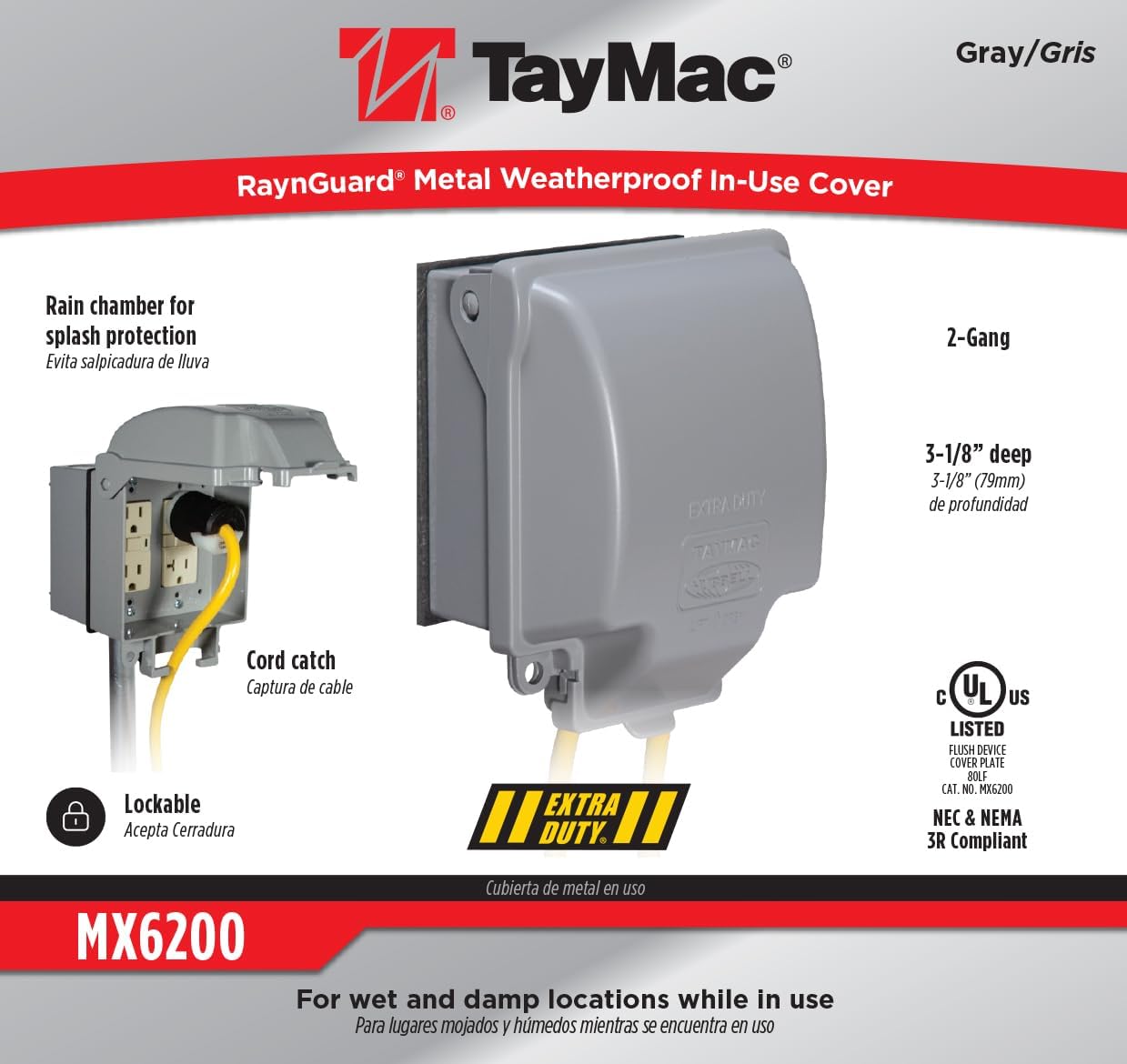 TayMac MX3200 RaynGuard Extra Duty Metal Weatherproof in-Use Cover, 1-Gang, Gray, 3.55 x 3.37 x 6.12 inches
