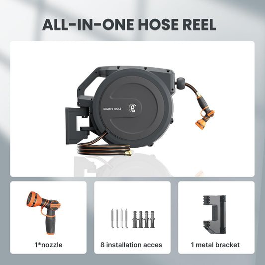 Giraffe Tools Retractable Garden Hose Reel 1/2 Inch x 100 ft, Super Heavy Duty, Any Length Lock, Slow Return System, Wall Mounted and 180 Deg Swivel Metal Bracket