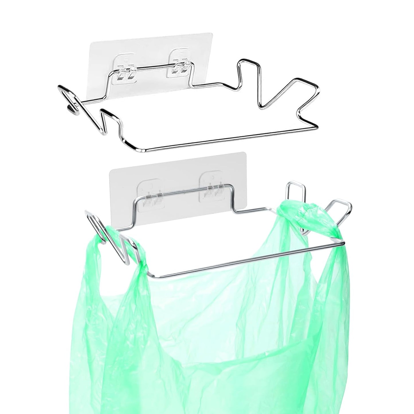 Stainless Steel Trash Bag Holder for Kitchen Cabinets Doors and Cupboards, Under Sink Bag Hanger, Portable Trash can, Waste Bins, Wall Adhesive Hanging Garbage Bins, with Wall Sticker Base