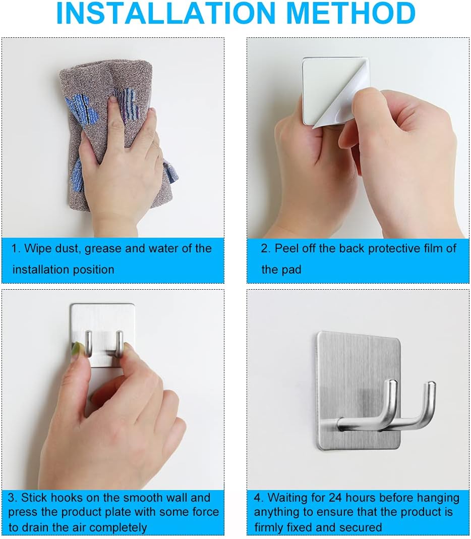 Yikla Adhesive Hooks, Bathroom Wall Towel Hooks, Black Stick Shower Razor Holder, Stainless Steel Door Hangers for Coat Loofah Robes Self Adhesive Organizer for Kitchen