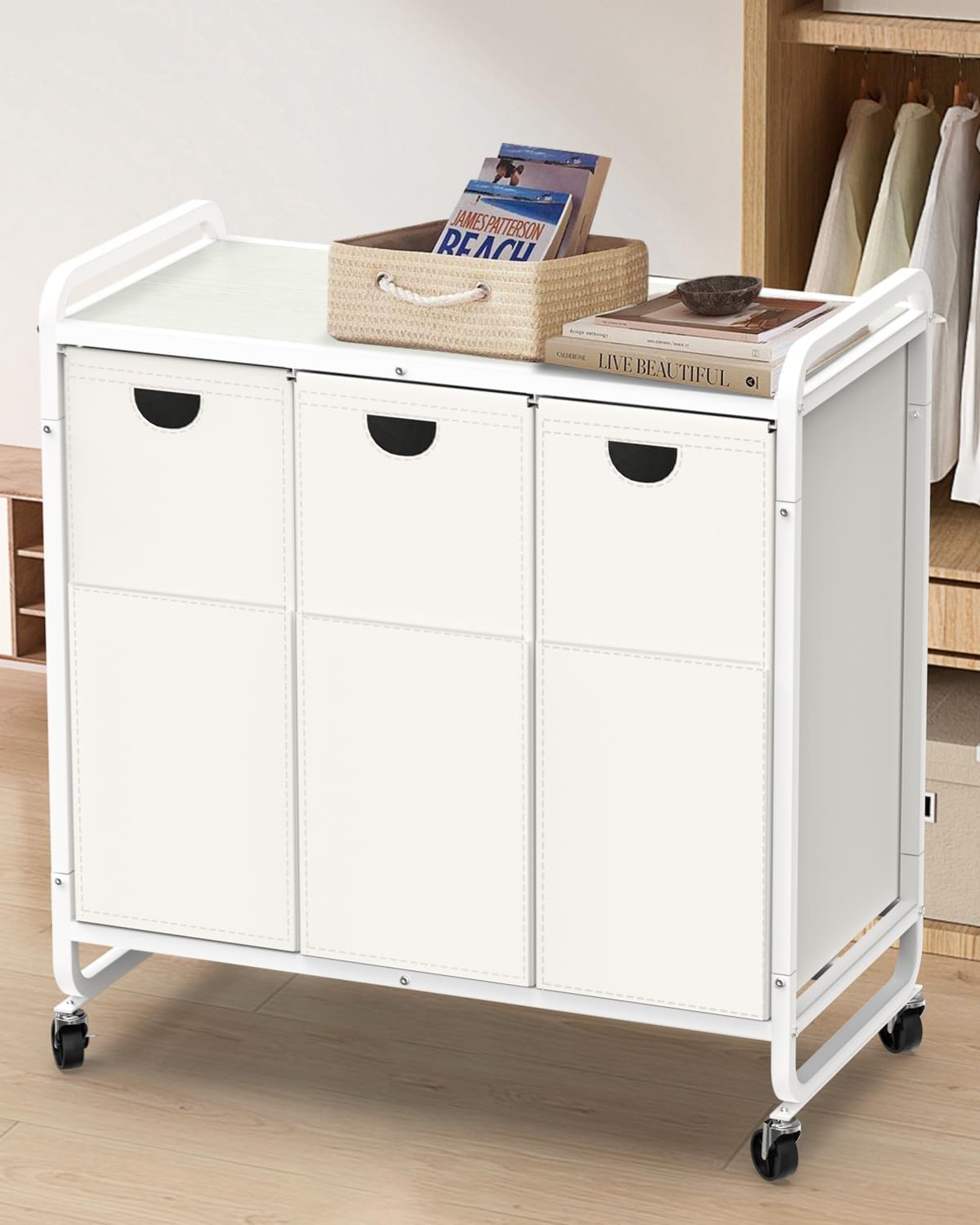Laundry Sorter 3 Section,Laundry Basket with Wheels,3×15.8 Gal (60L) Laundry Hamper Organizer with Large Wooden Desktop Sorter,Pull-Out and Removable 900D Oxford Fabric Laundry Bags for Laundry Room