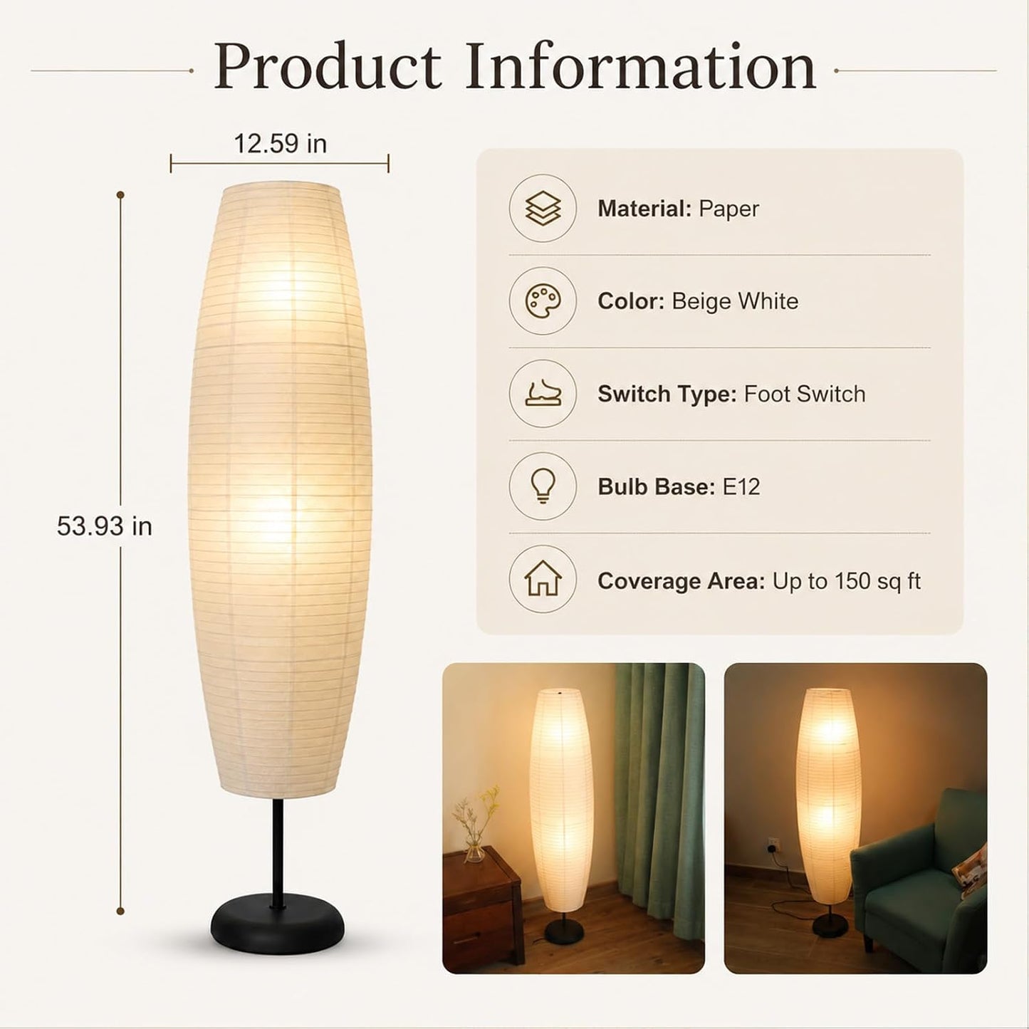 Rice Paper Floor Lamp with Foot Switches,White Paper Floor Lantern,Art Deco Ambient Lighting,Minimalist Tall Standing Lamp for Bedroom Living Room and Study Room